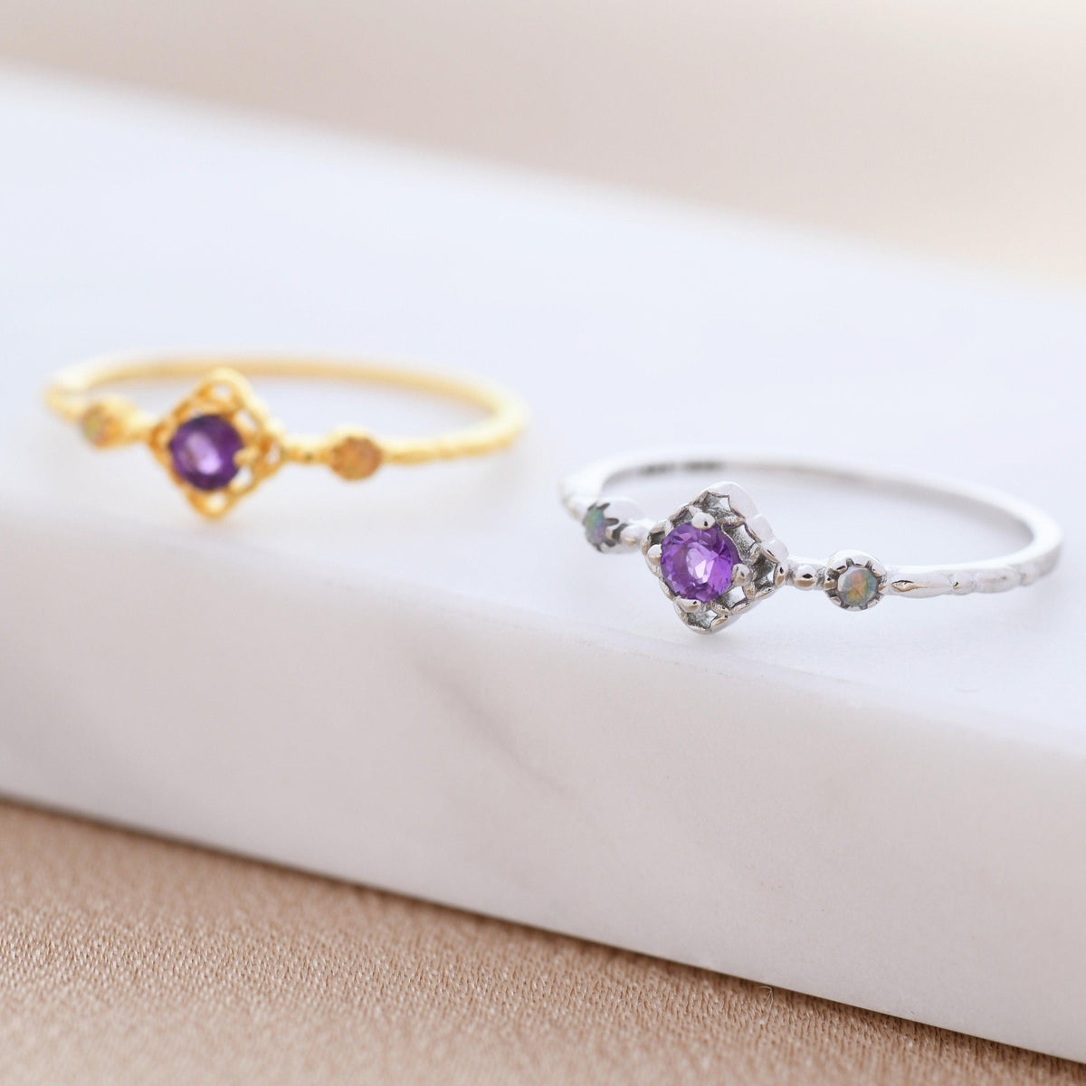 Natural Amethyst and Opal Ring in Sterling Silver, Silver or Gold, Natural purple Amethyst Ring, Vintage Inspired Design, US 5-8
