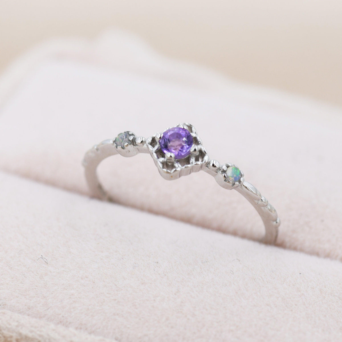 Natural Amethyst and Opal Ring in Sterling Silver, Silver or Gold, Natural purple Amethyst Ring, Vintage Inspired Design, US 5-8