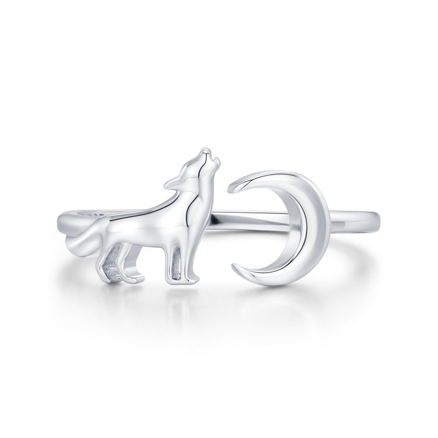 Sterling Silver Howling Wolf and Moon Adjustable Ring