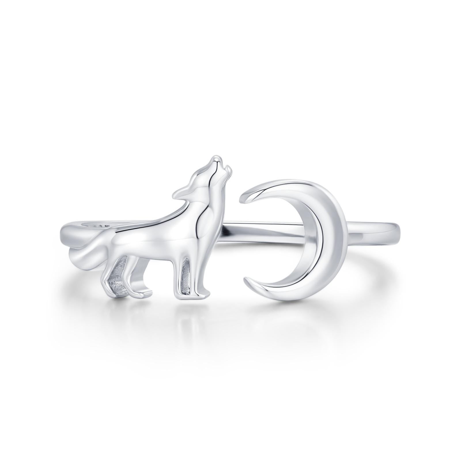 Sterling Silver Howling Wolf and Moon Adjustable Ring