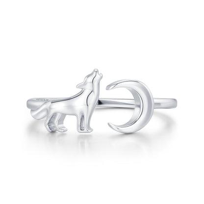 Sterling Silver Howling Wolf and Moon Adjustable Ring