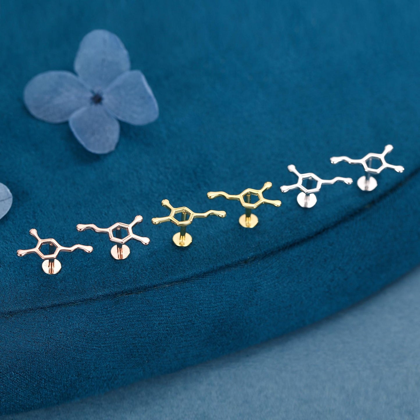 Happiness Molecules Dopamine 16G Flat Back Labret Earrings in Sterling Silver