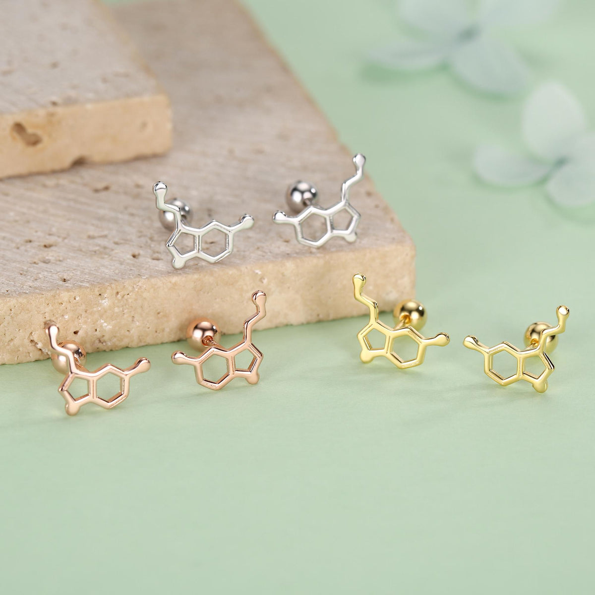 Happiness Molecules Serotonin 18G Screw Back Stud Earrings with Ball Backs