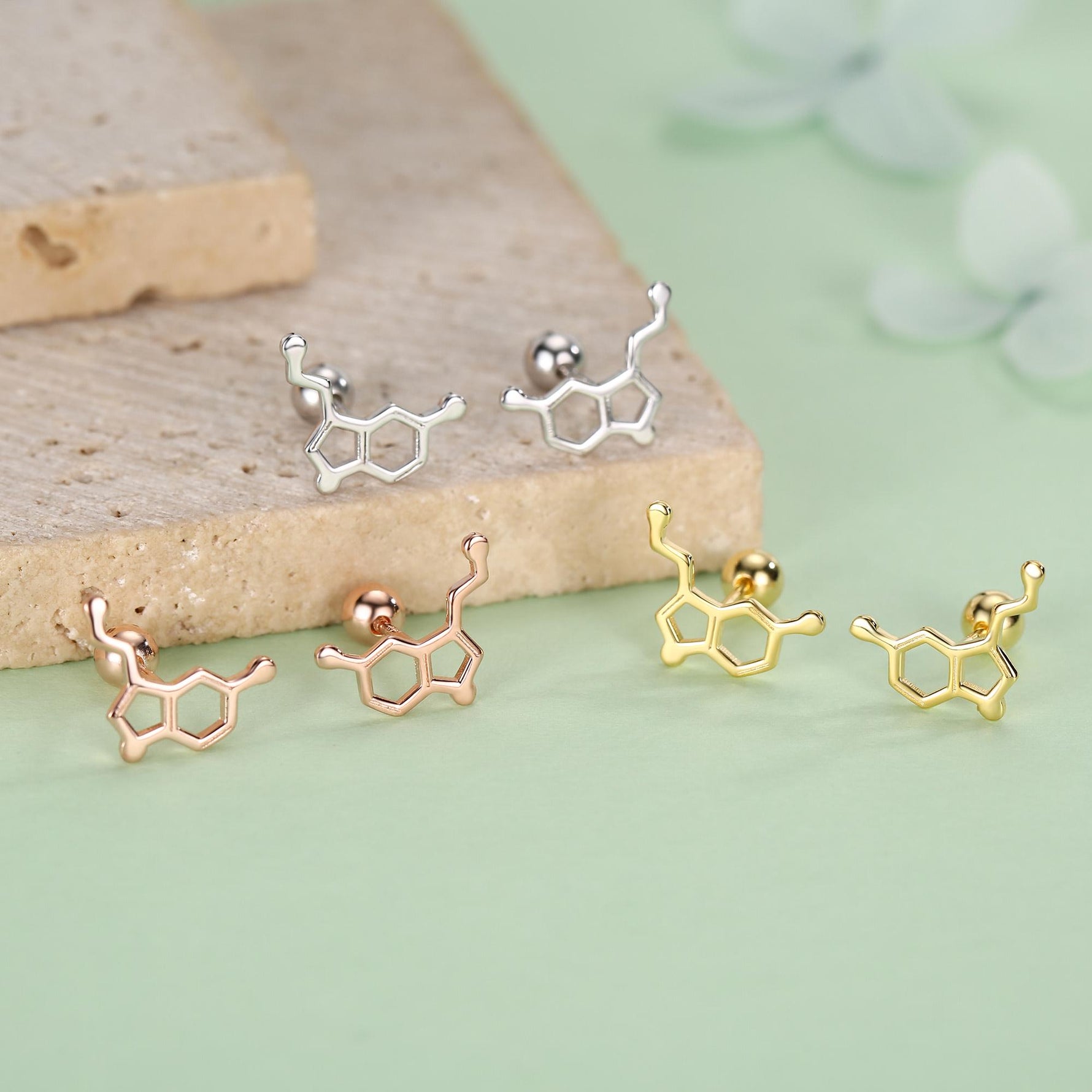 Happiness Molecules Serotonin 18G Screw Back Stud Earrings with Ball Backs