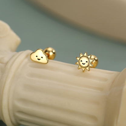 Sterling Silver Sun and Cloud 18G Screw Back Earrings with Ball Backs