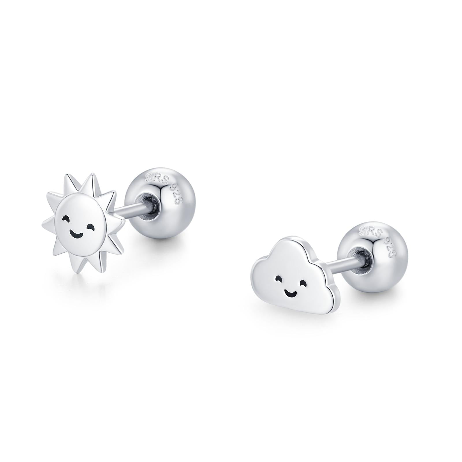 Sterling Silver Sun and Cloud 18G Screw Back Earrings with Ball Backs