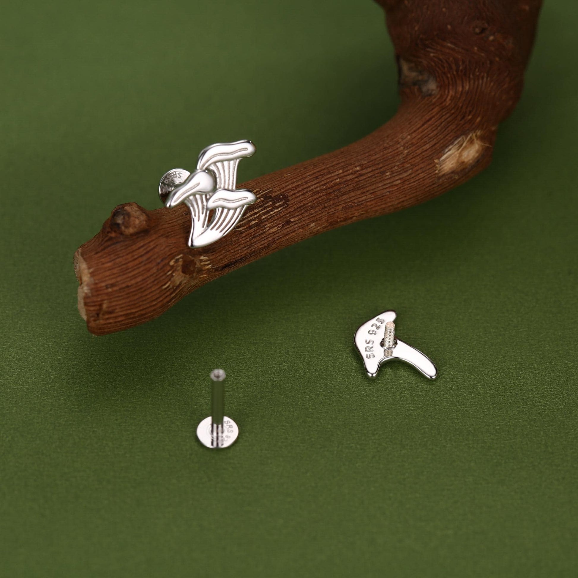 Sterling Silver Mismatched Chanterelle Mushroom 16G Flat Back Labret Earrings