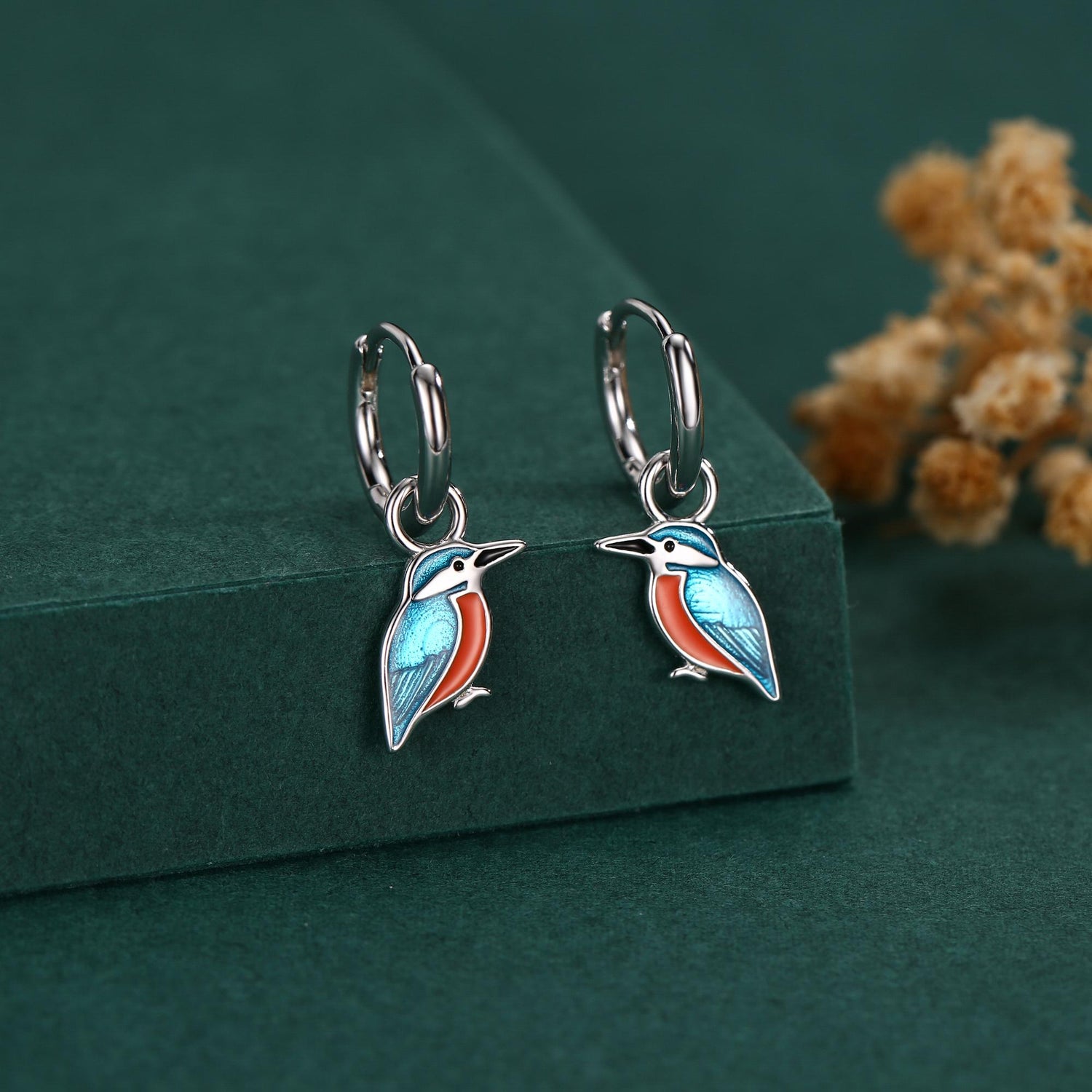 Sterling Silver Enamel Kingfisher Detachable Huggie Hoop Earrings
