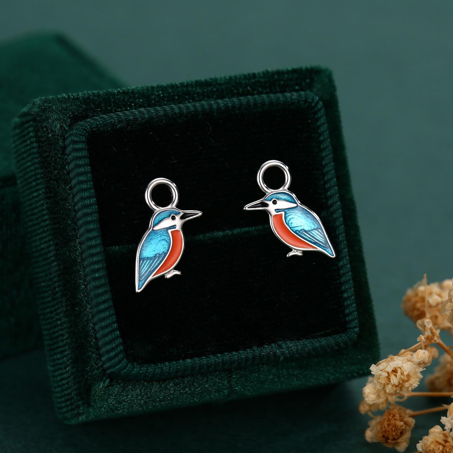Sterling Silver Enamel Kingfisher Detachable Huggie Hoop Earrings