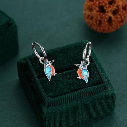 Sterling Silver Enamel Kingfisher Detachable Huggie Hoop Earrings