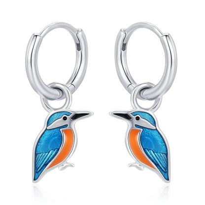 Sterling Silver Enamel Kingfisher Detachable Huggie Hoop Earrings