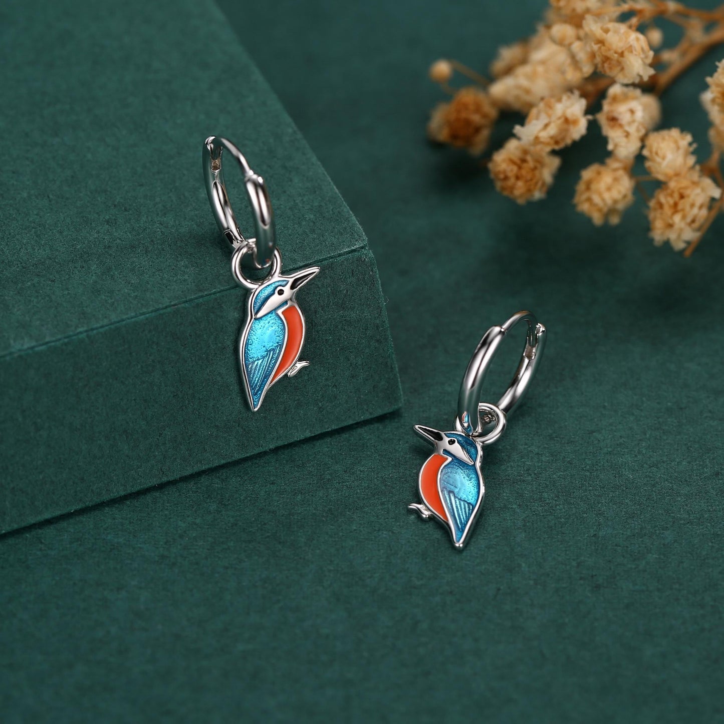 Sterling Silver Enamel Kingfisher Detachable Huggie Hoop Earrings