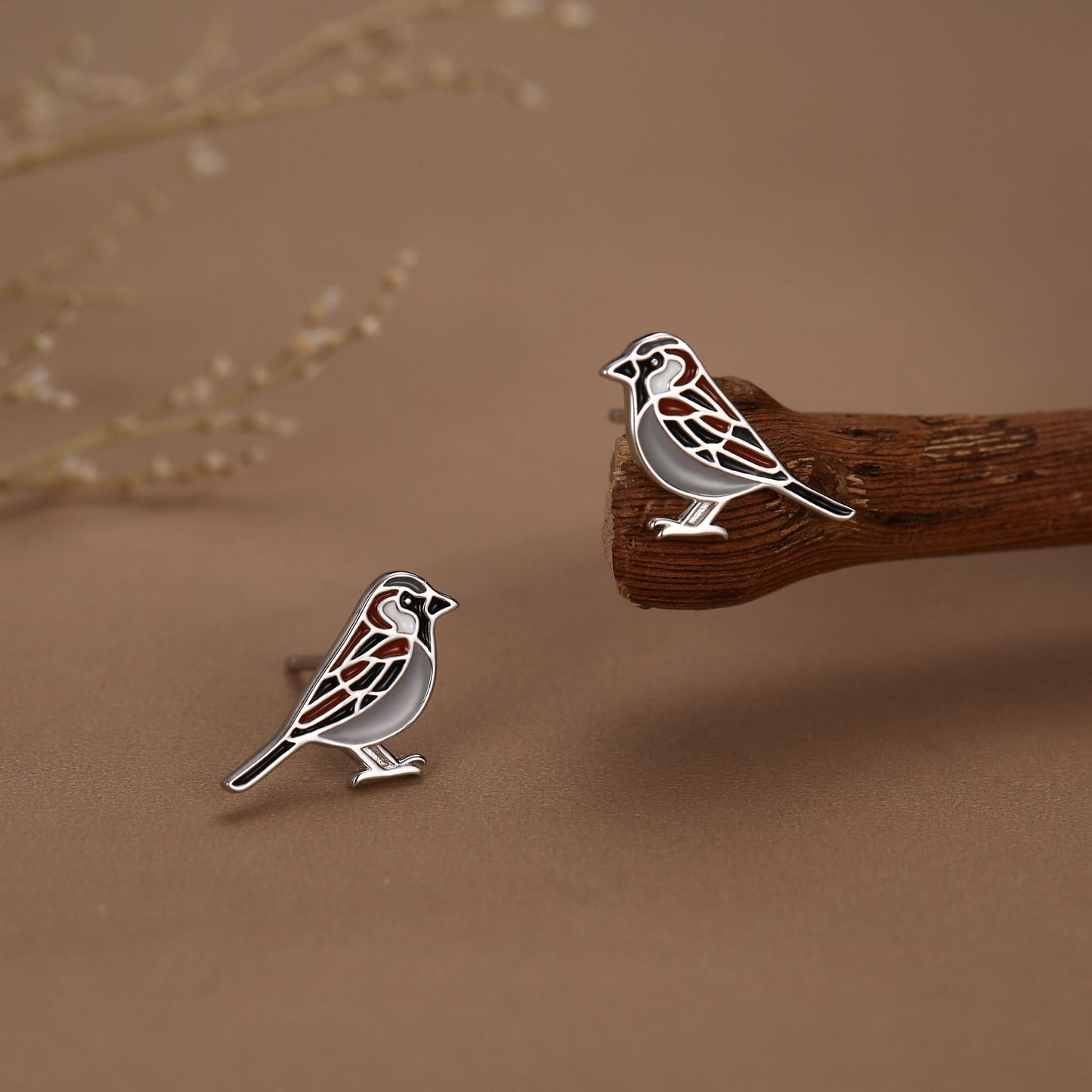 Sterling Silver Enamel Sparrow Stud Earrings