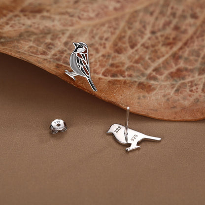 Sterling Silver Enamel Sparrow Stud Earrings
