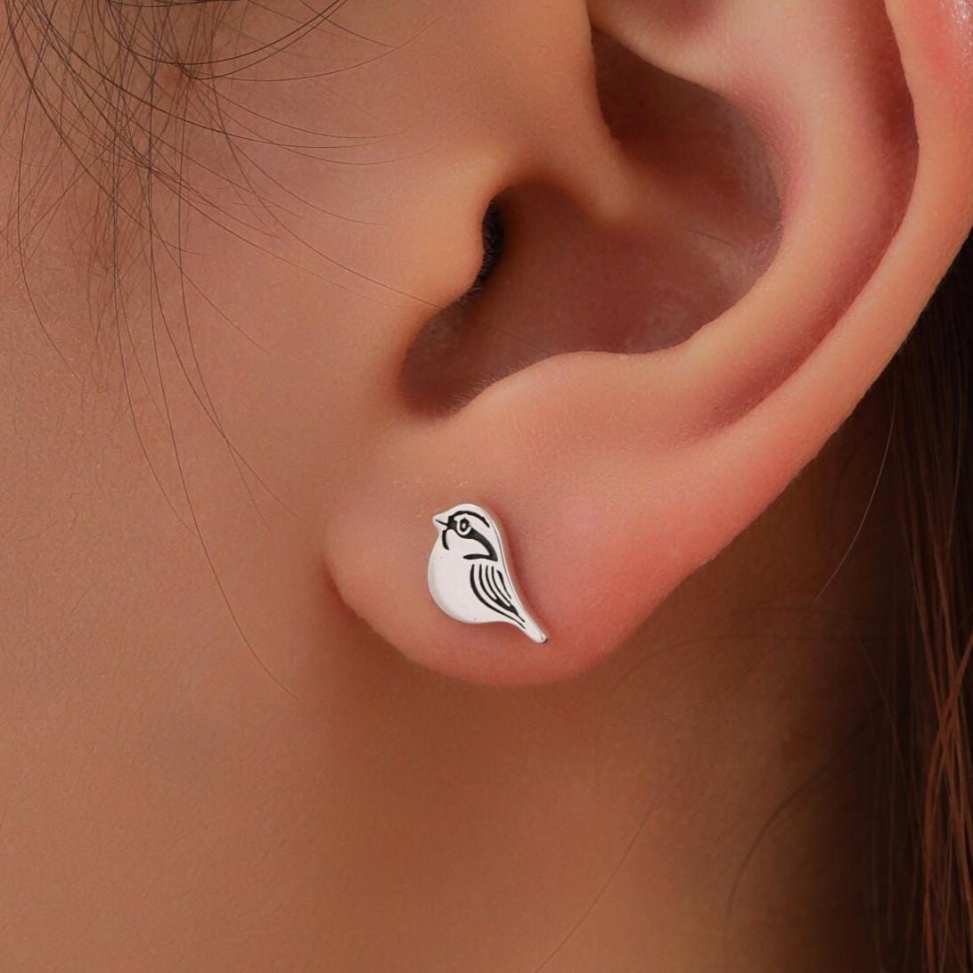 Sterling Silver Tiny Sparrow Bird Stud Earrings Earrings, Silver Sparrow Earrings, Cute Sparrow Earrings