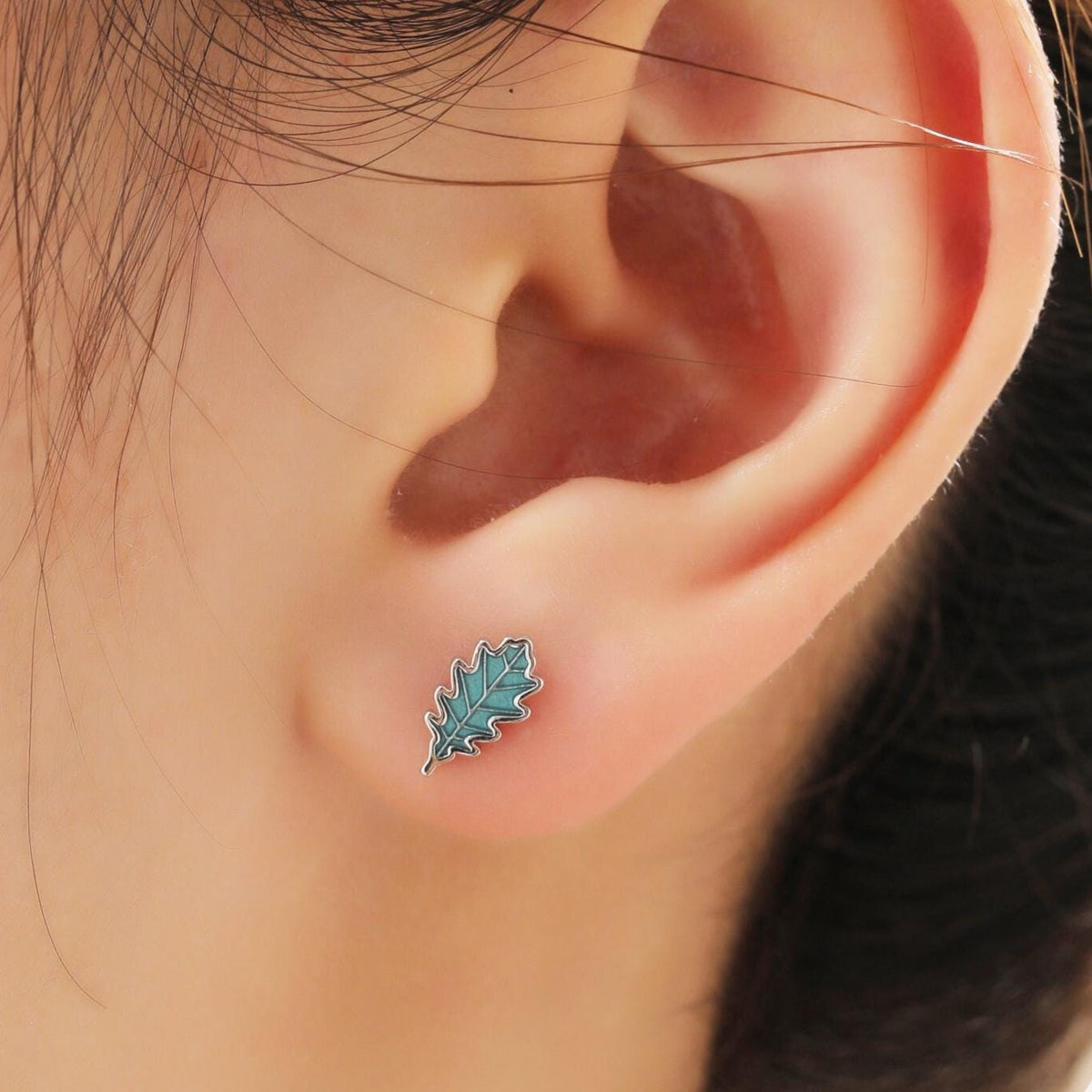 Enamel Oak Leaf Stud Earrings in Sterling Silver, Petite Acorn Leaf Earrings, Small Leaf Stud, Nature Inspired