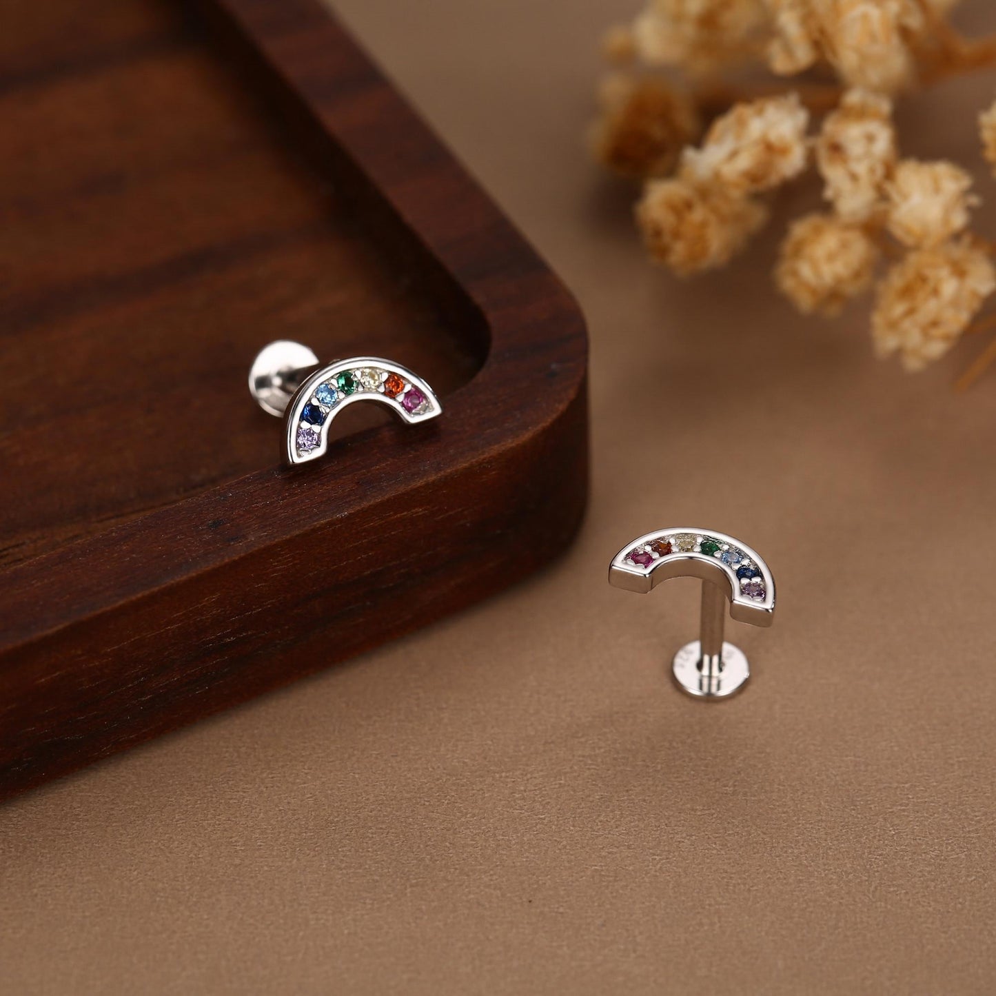 Sterling Silver Rainbow CZ 16G Flat Back Labret Earrings