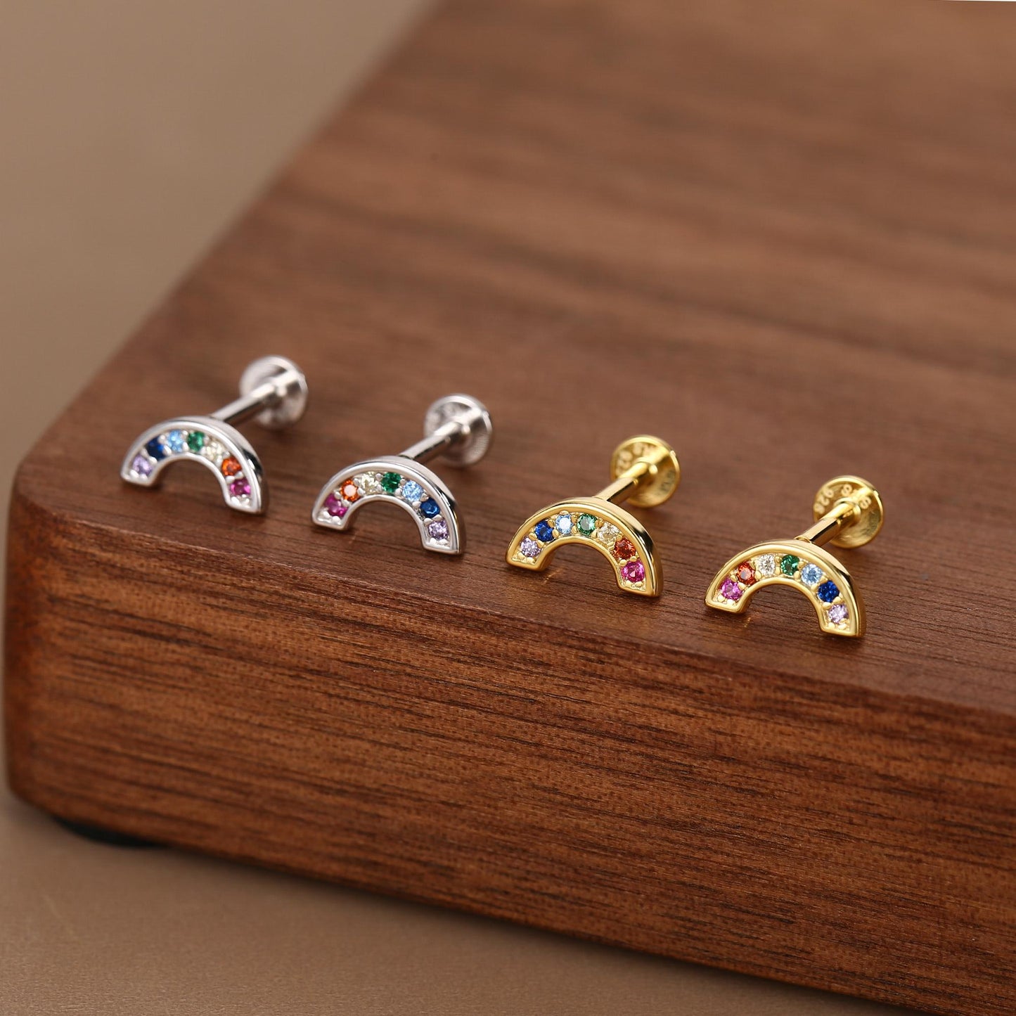Sterling Silver Rainbow CZ 16G Flat Back Labret Earrings