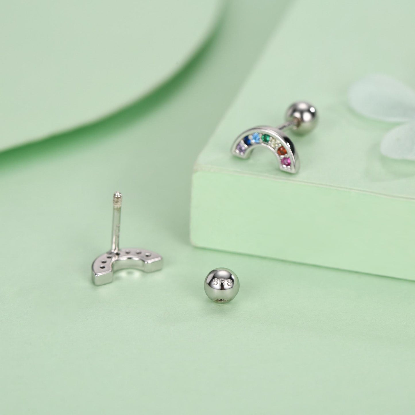 Sterling Silver Rainbow CZ 18G Screw Back Stud Earrings