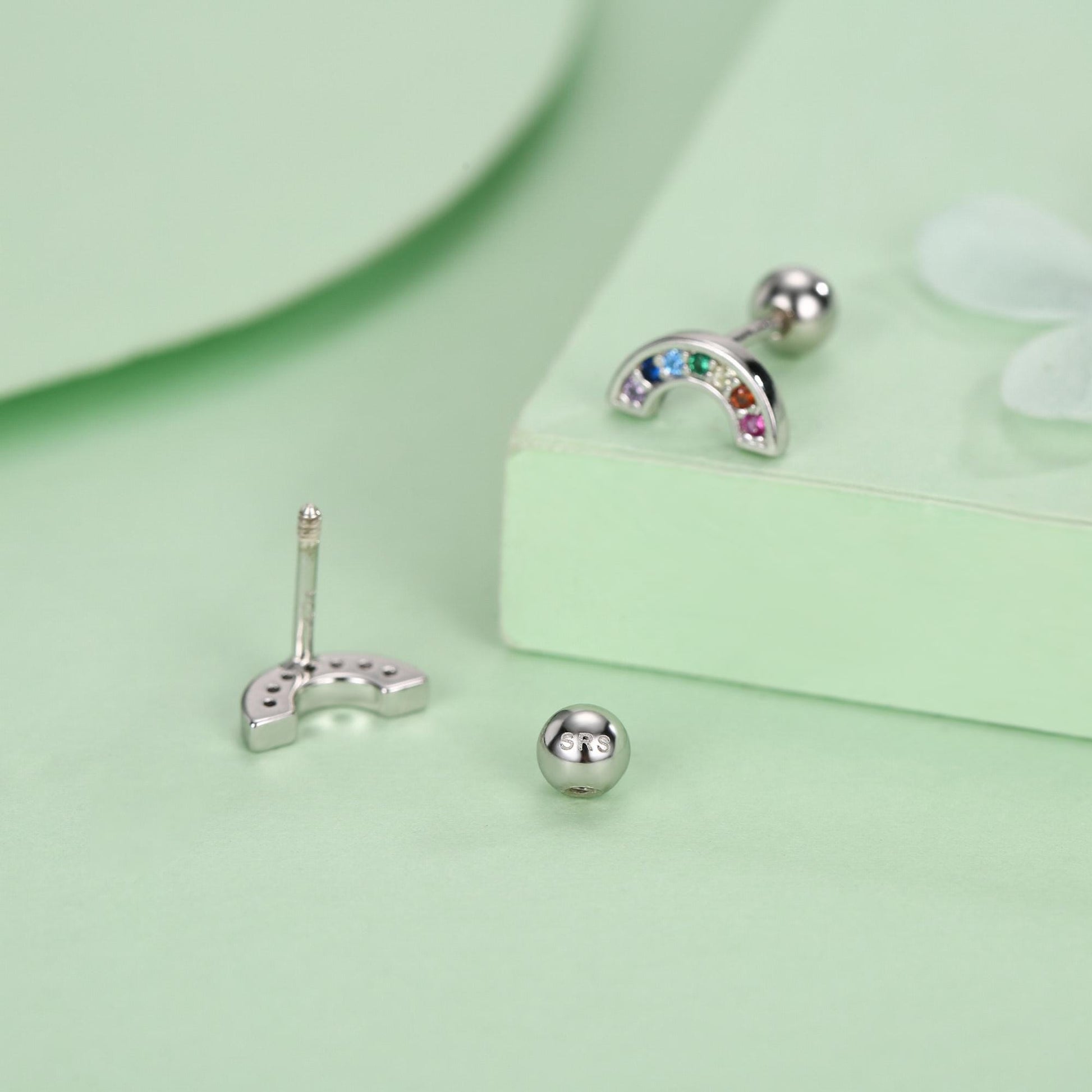 Sterling Silver Rainbow CZ 18G Screw Back Stud Earrings
