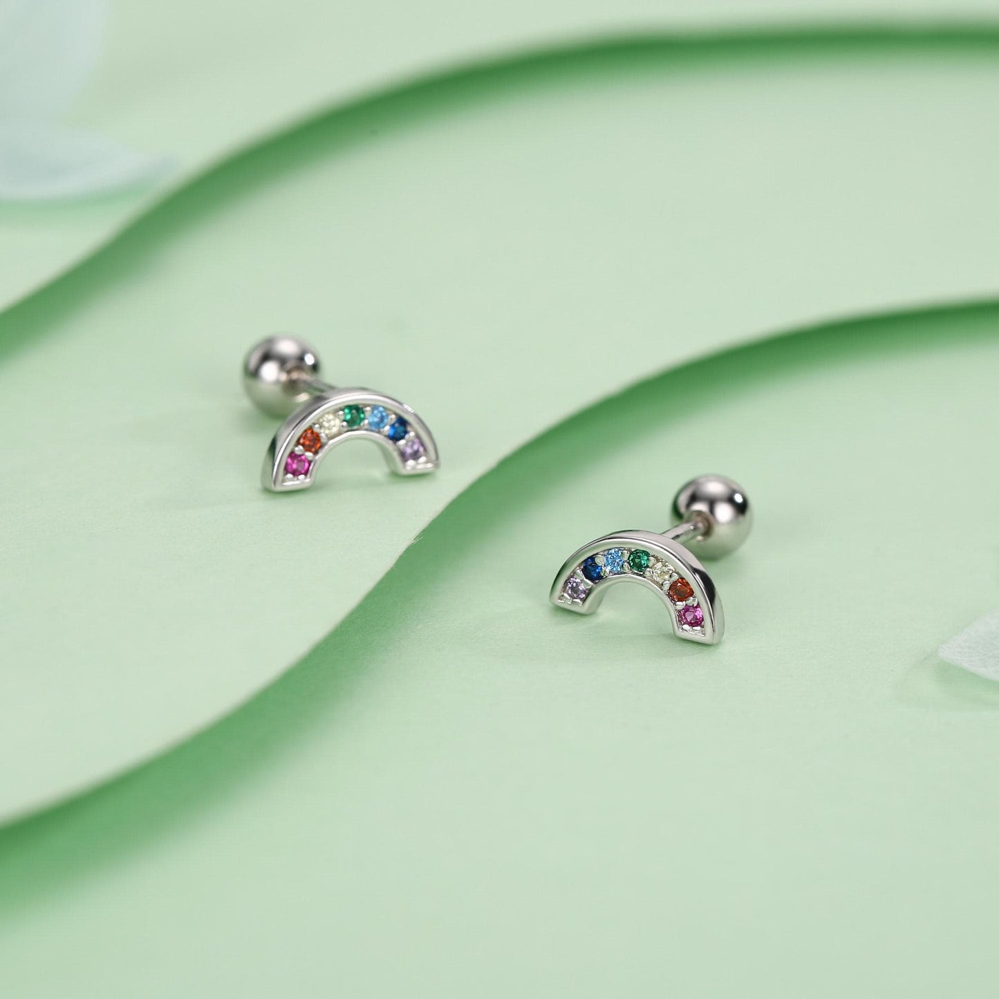 Sterling Silver Rainbow CZ 18G Screw Back Stud Earrings