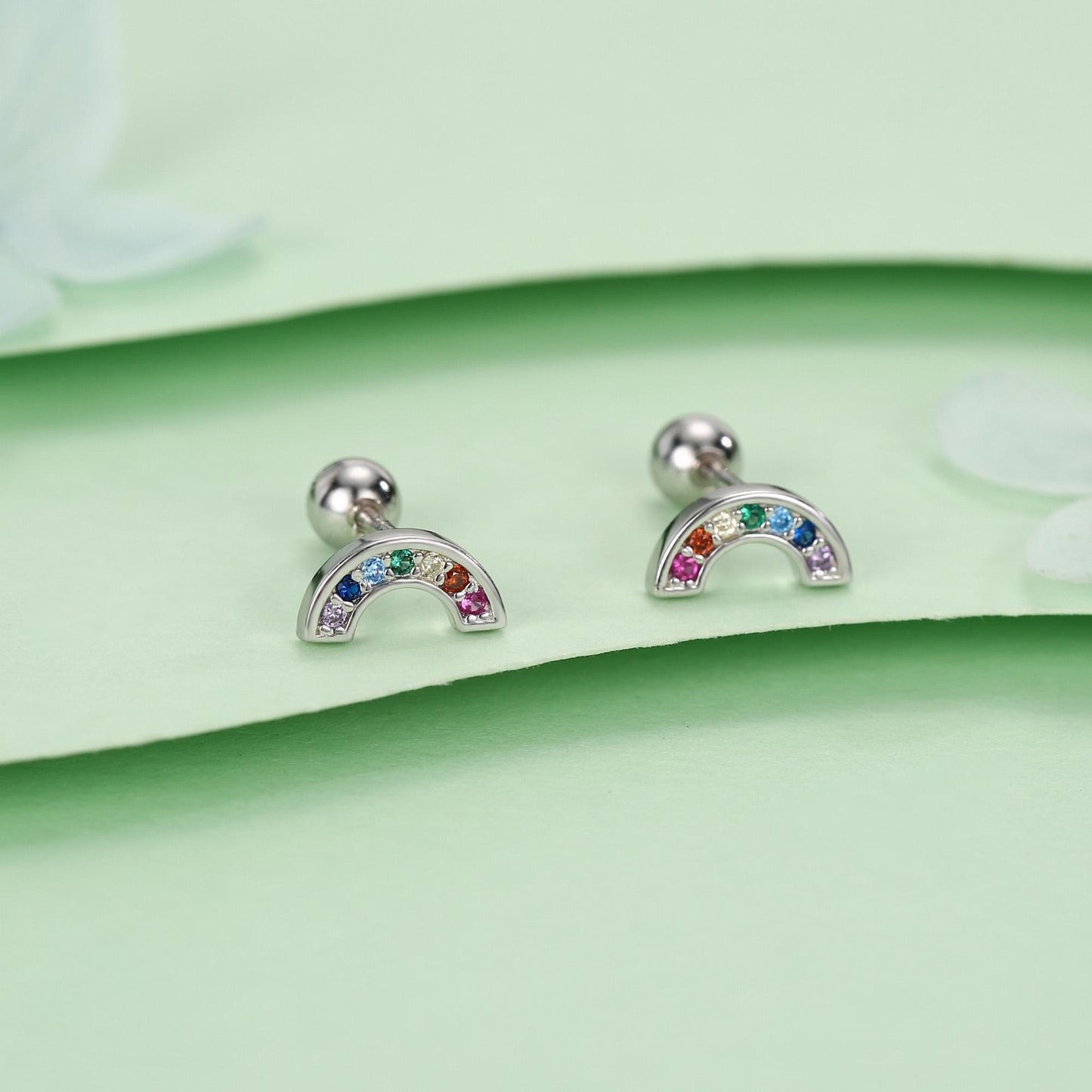 Sterling Silver Rainbow CZ 18G Screw Back Stud Earrings