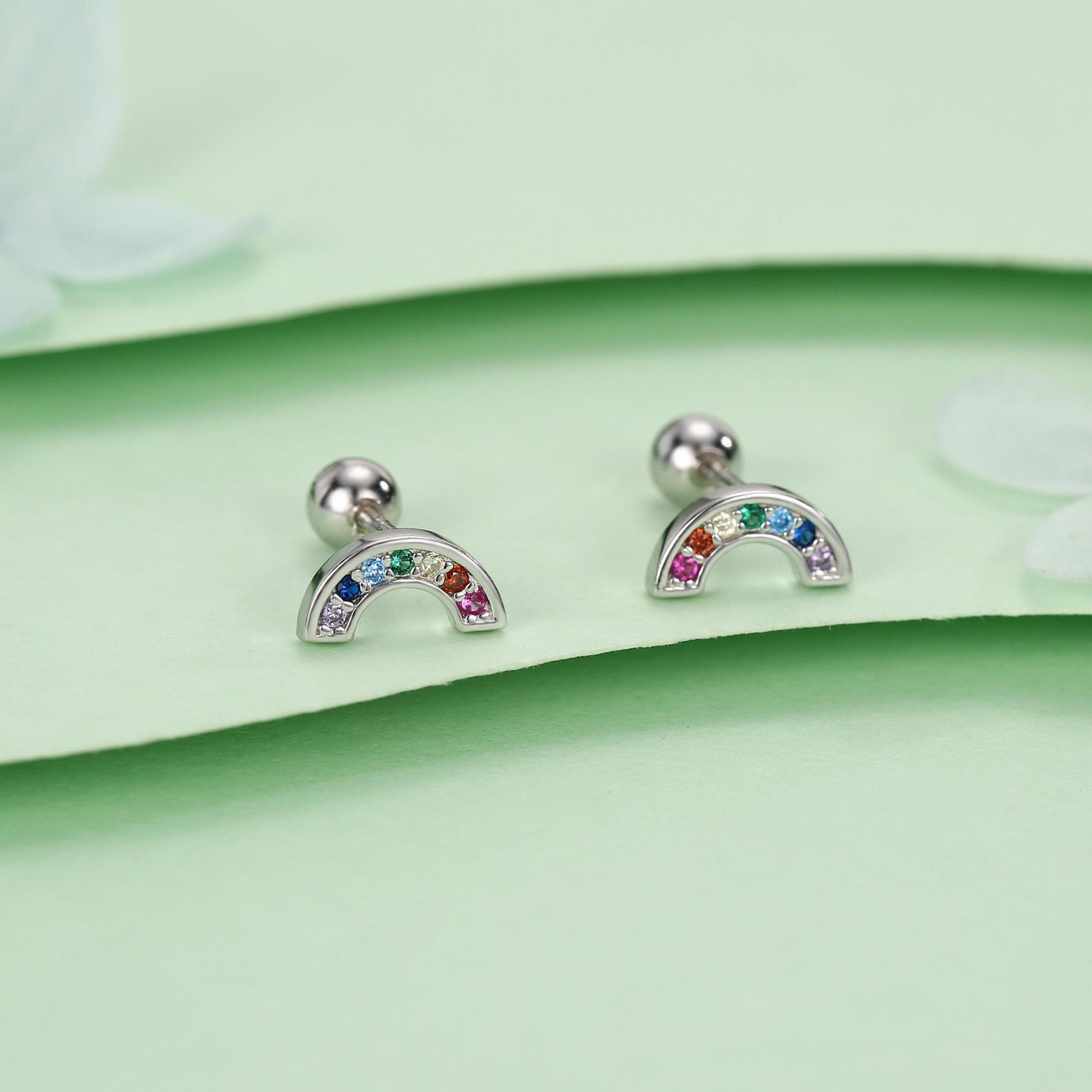 Sterling Silver Rainbow CZ 18G Screw Back Stud Earrings