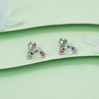 Sterling Silver Rainbow CZ 18G Screw Back Stud Earrings