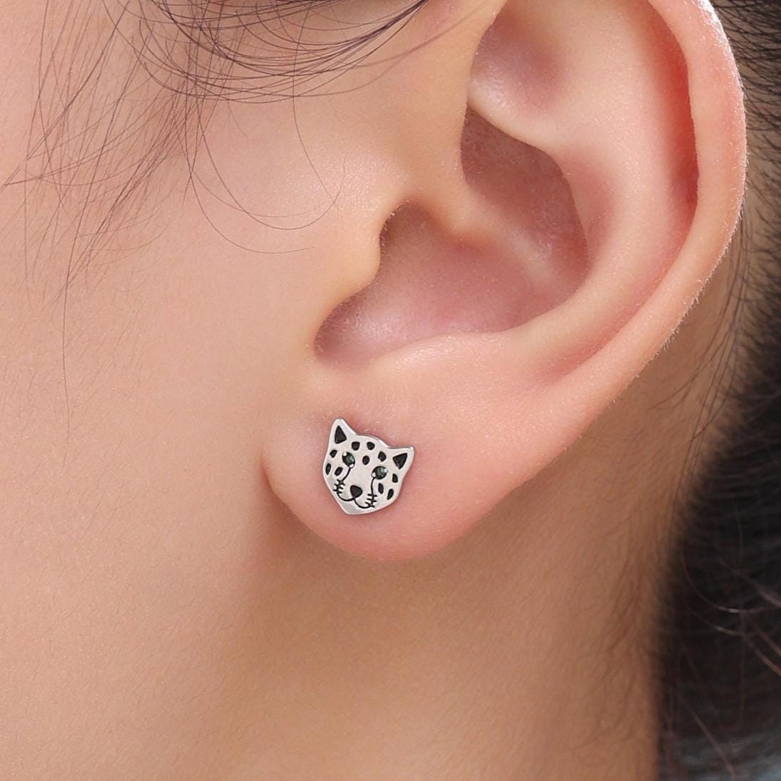 Leopard Stud Earrings in Sterling Silver, Silver or Gold, Leopard Face Earrings, Animal Earrings, Nature Inspired