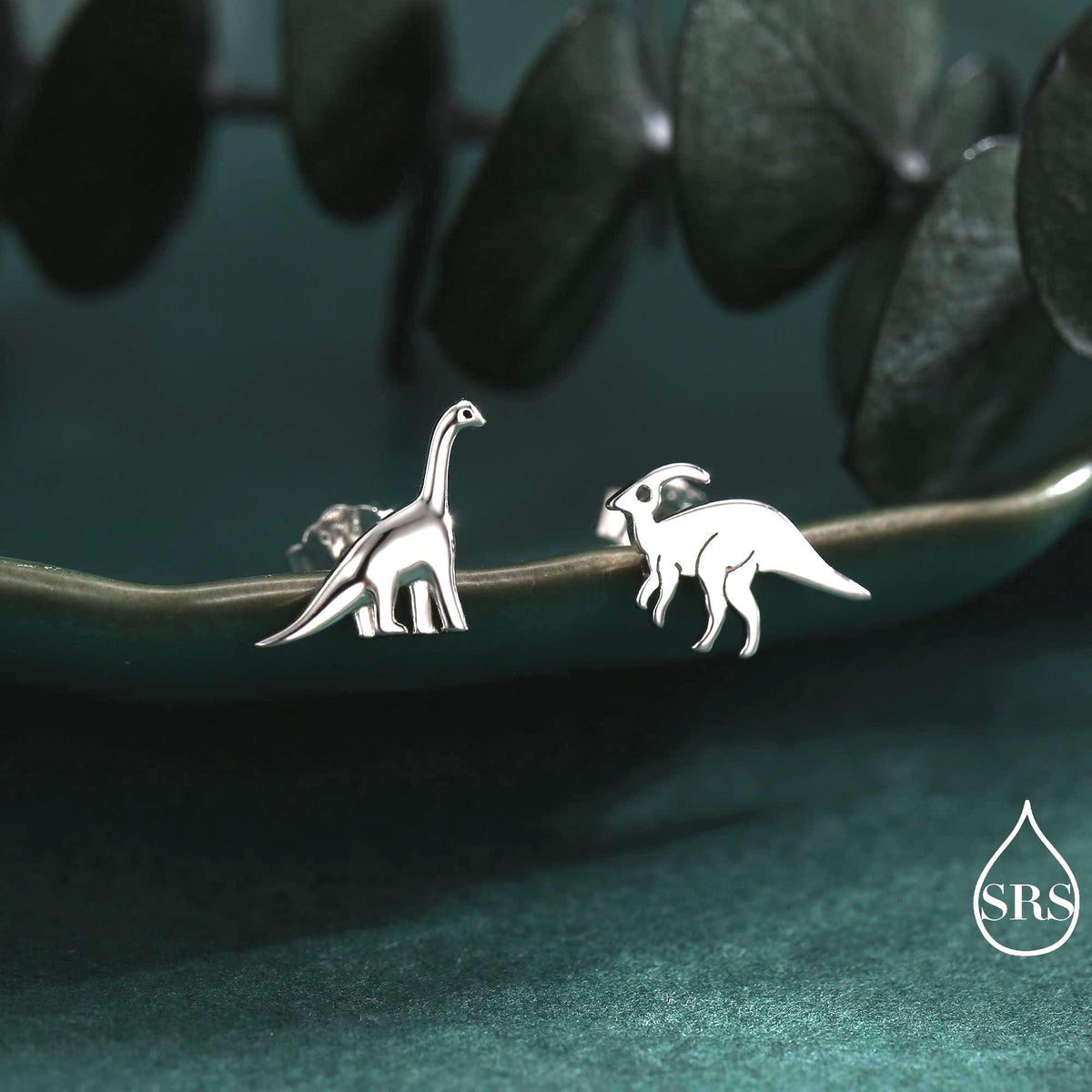 Mismatched Dinosaur Stud Earrings in Sterling Silver, Asymmetric Parasaurolophus and Brachiosaurus Dino Earrings