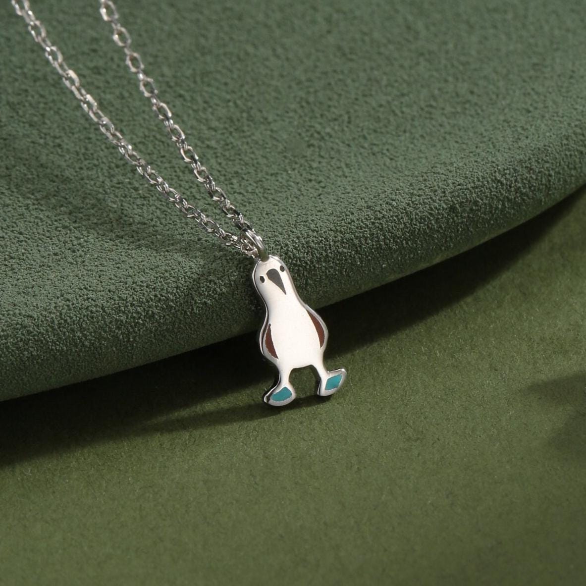Blue Footed Boobie Bird Pendant Necklace in Sterling Silver with Enamel, Silver Boobie Bird Pendant, Nature Inspired Bird Necklace