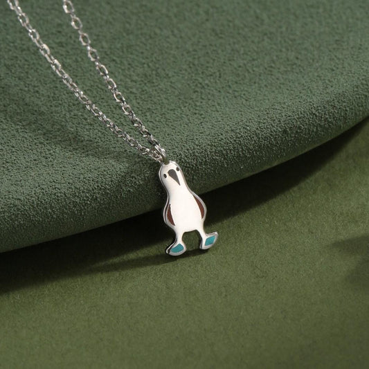 Blue Footed Boobie Bird Pendant Necklace in Sterling Silver with Enamel, Silver Boobie Bird Pendant, Nature Inspired Bird Necklace