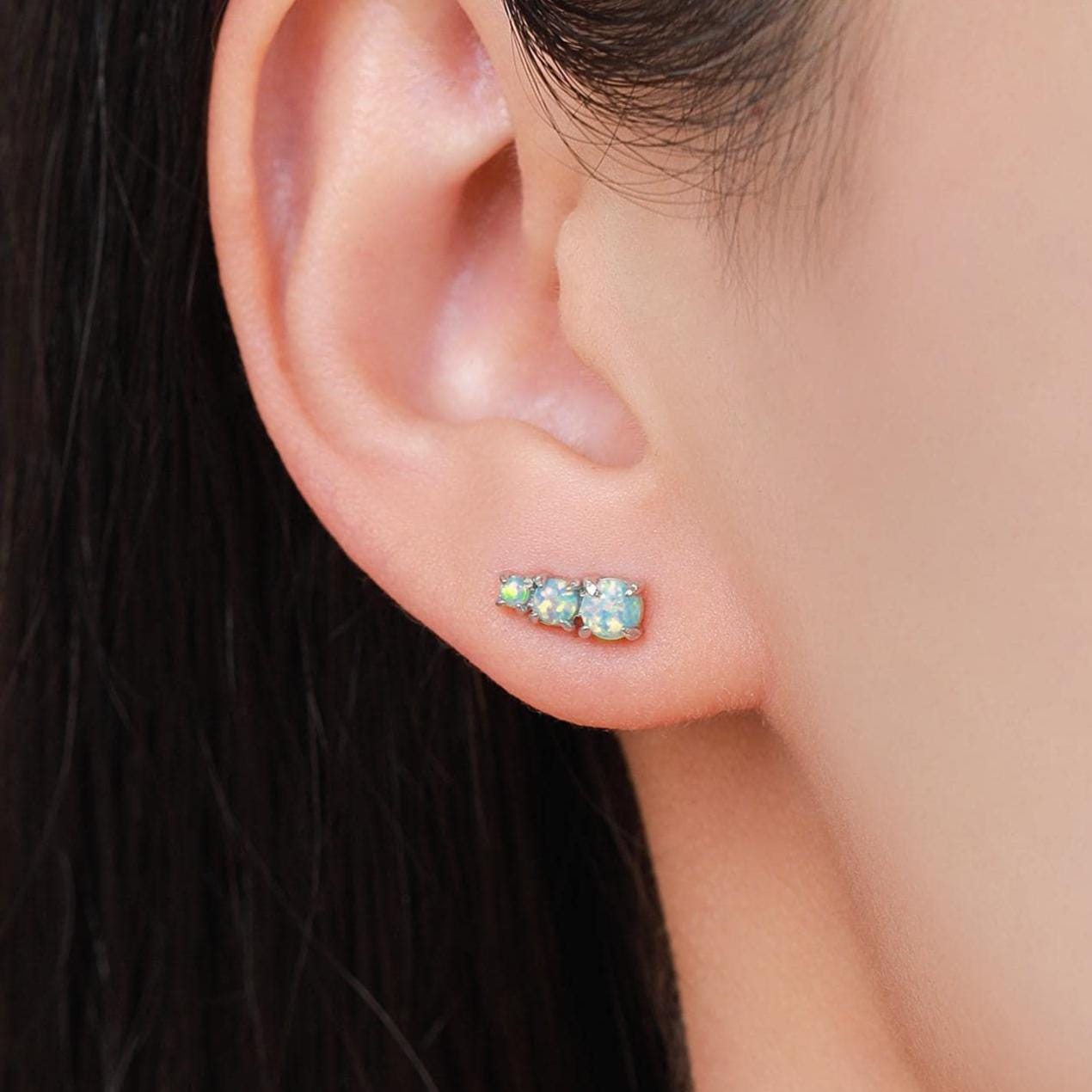 Tiny Aqua Green Opal Trio Stud Earrings in Sterling Silver, Silver or Gold, Three Opal Earrings, Opal Stud, Small Opal Earrings
