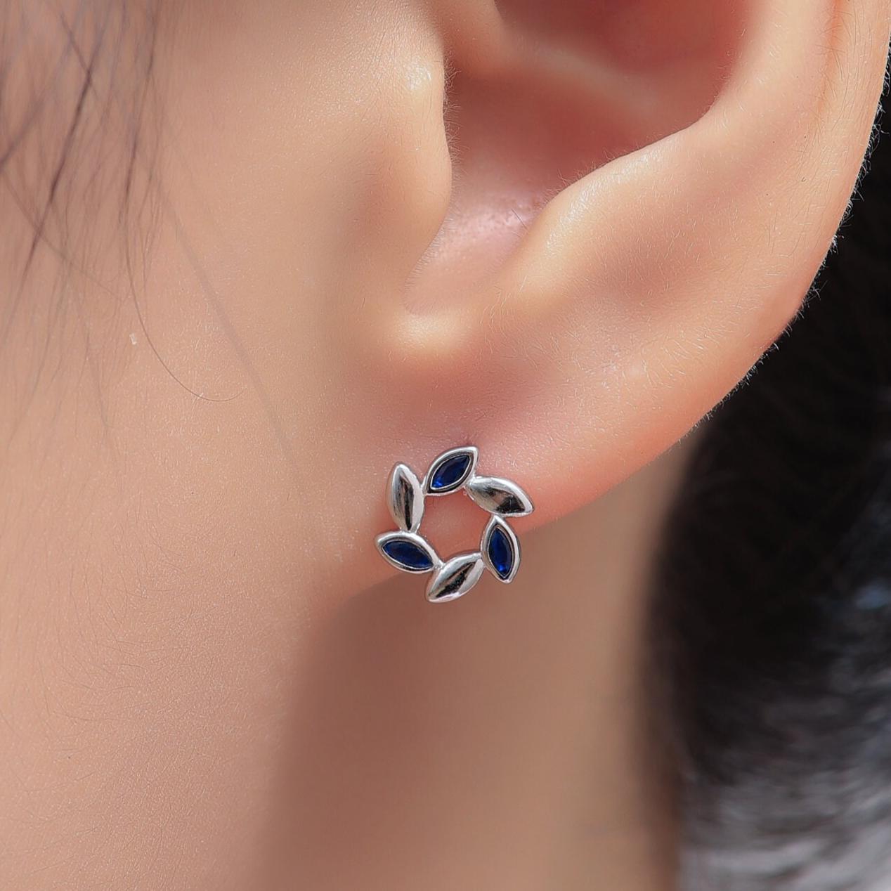 Sterling Silver Wreath Stud Earrings with Sapphire Blue CZ- Silver or Gold, CZ Circle Flower Stud Earrings, Wedding, Bridal Jewellery