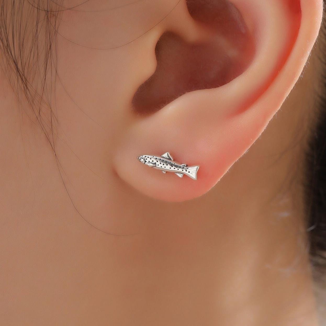 Sterling Silver Trout 18G Screw Back Stud Earrings with Ball Backs