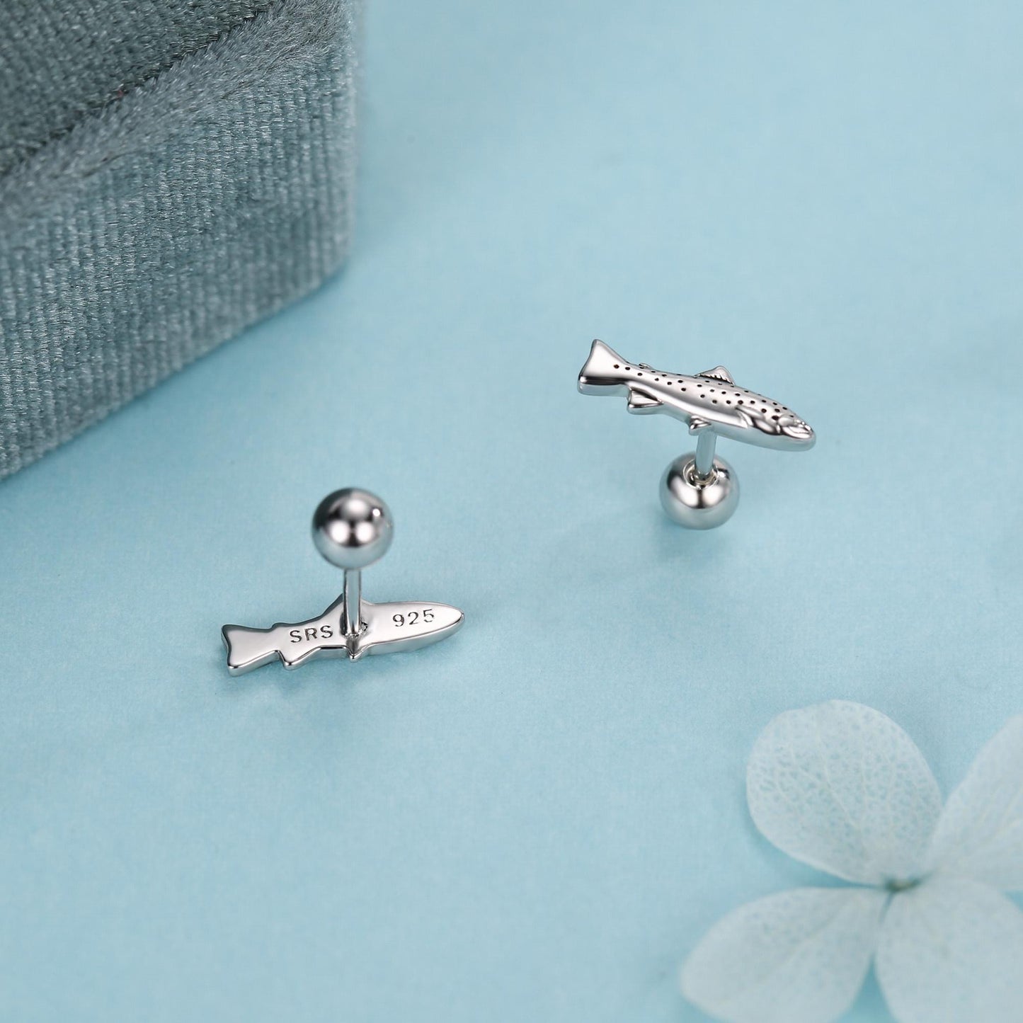 Sterling Silver Trout 18G Screw Back Stud Earrings with Ball Backs