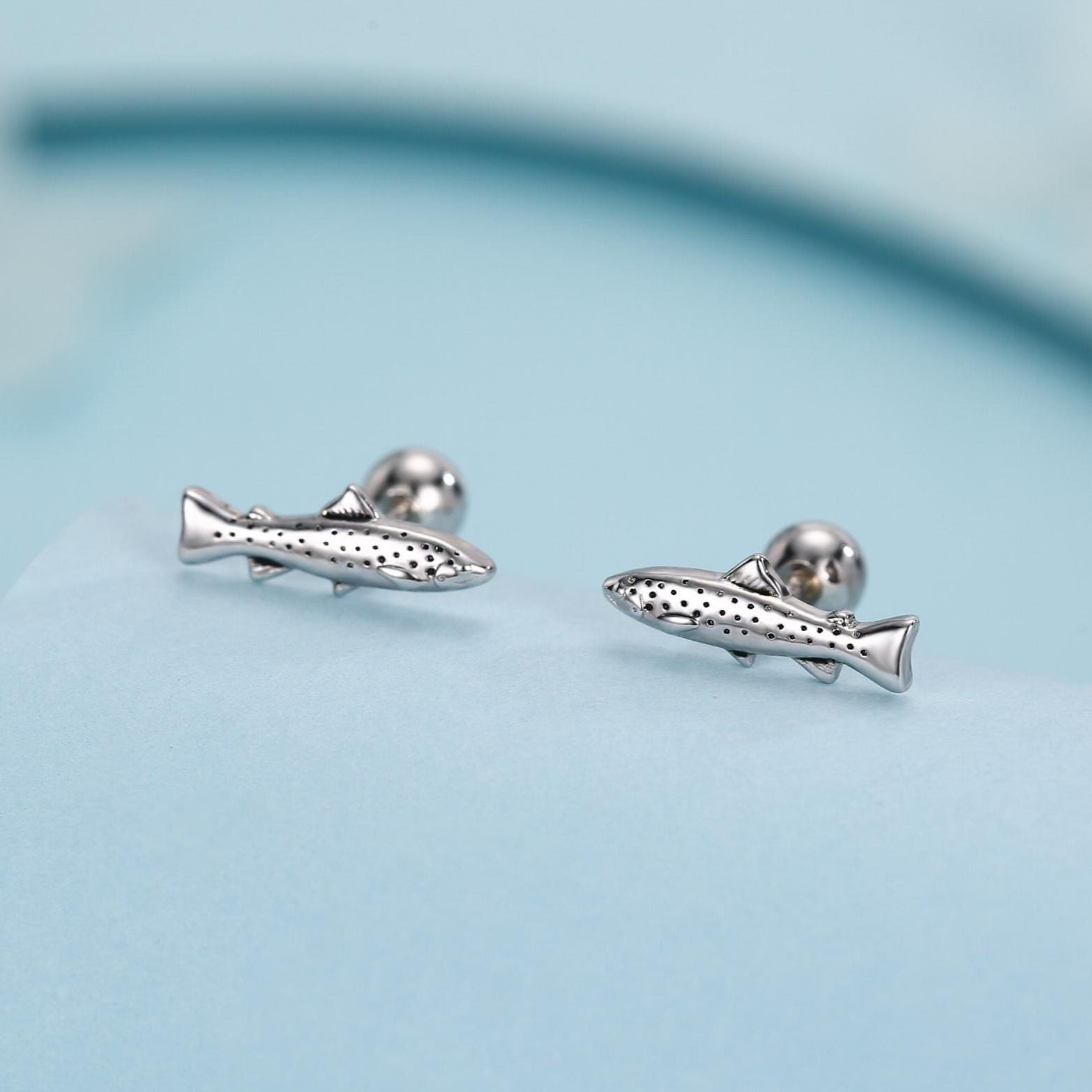 Sterling Silver Trout 18G Screw Back Stud Earrings with Ball Backs