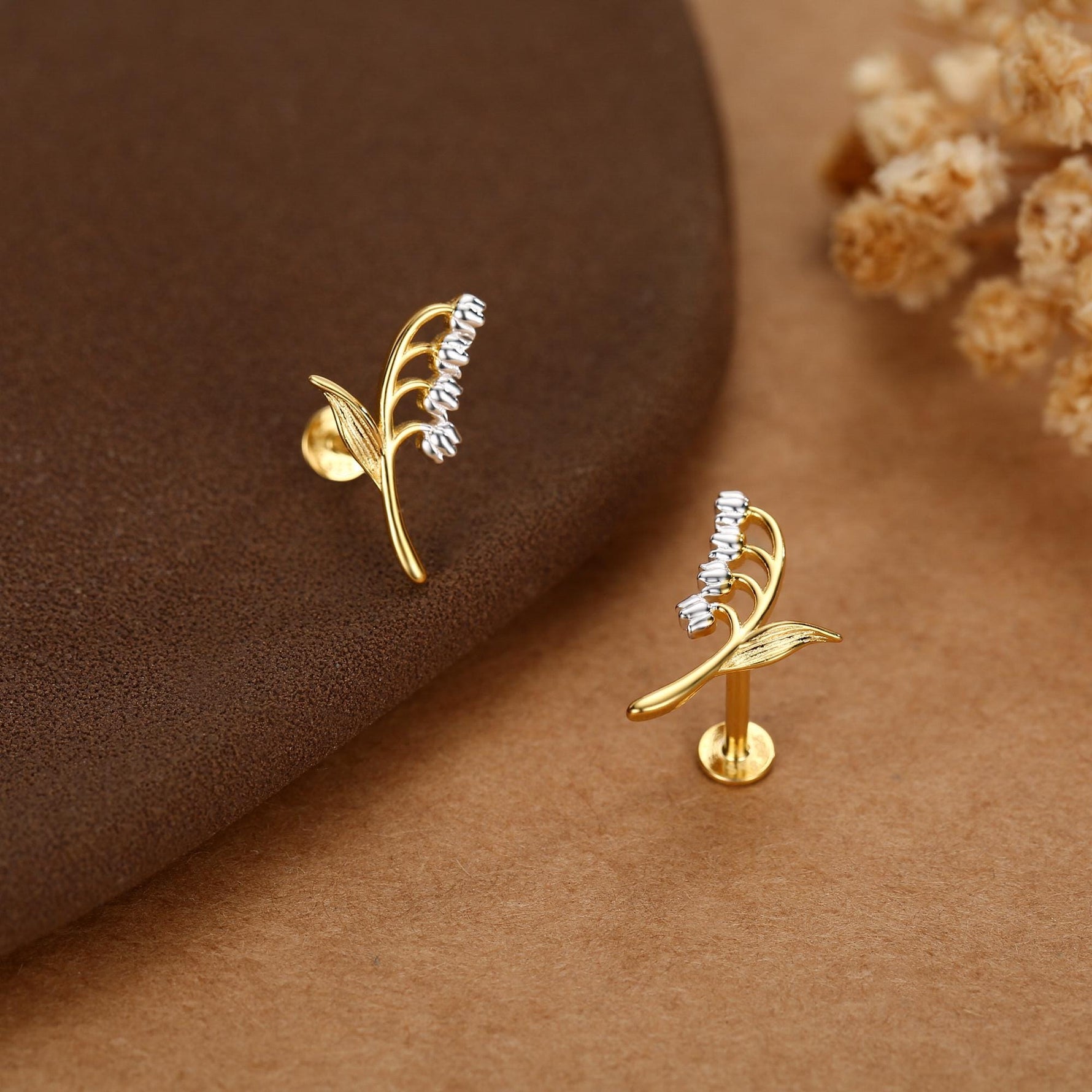 Sterling Silver Lily of the Valley 16G Flat Back Labret Earrings