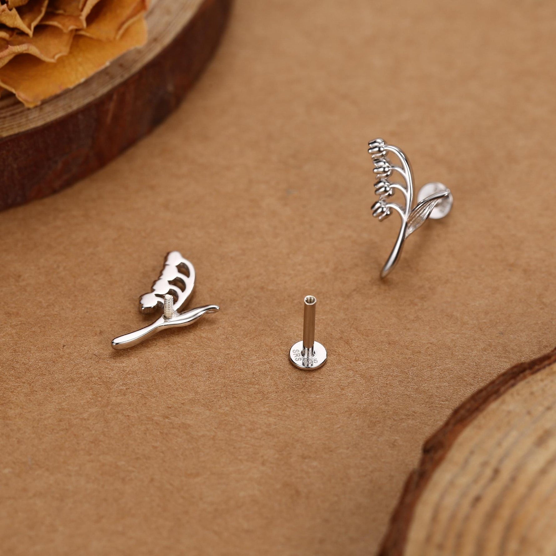 Sterling Silver Lily of the Valley 16G Flat Back Labret Earrings