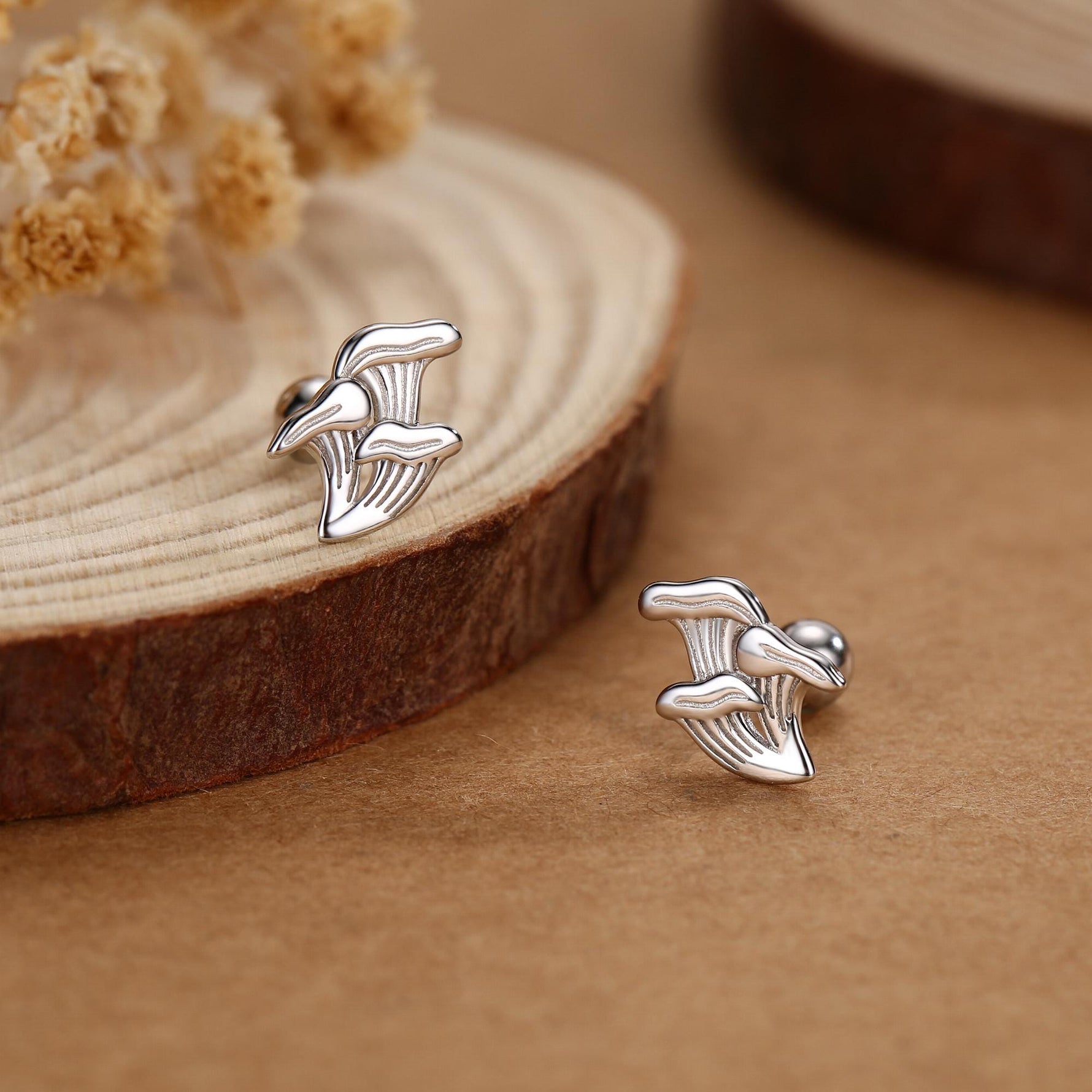 Sterling Silver Chanterelle Mushroom 18G Screw Back Stud Earrings with Ball Backs