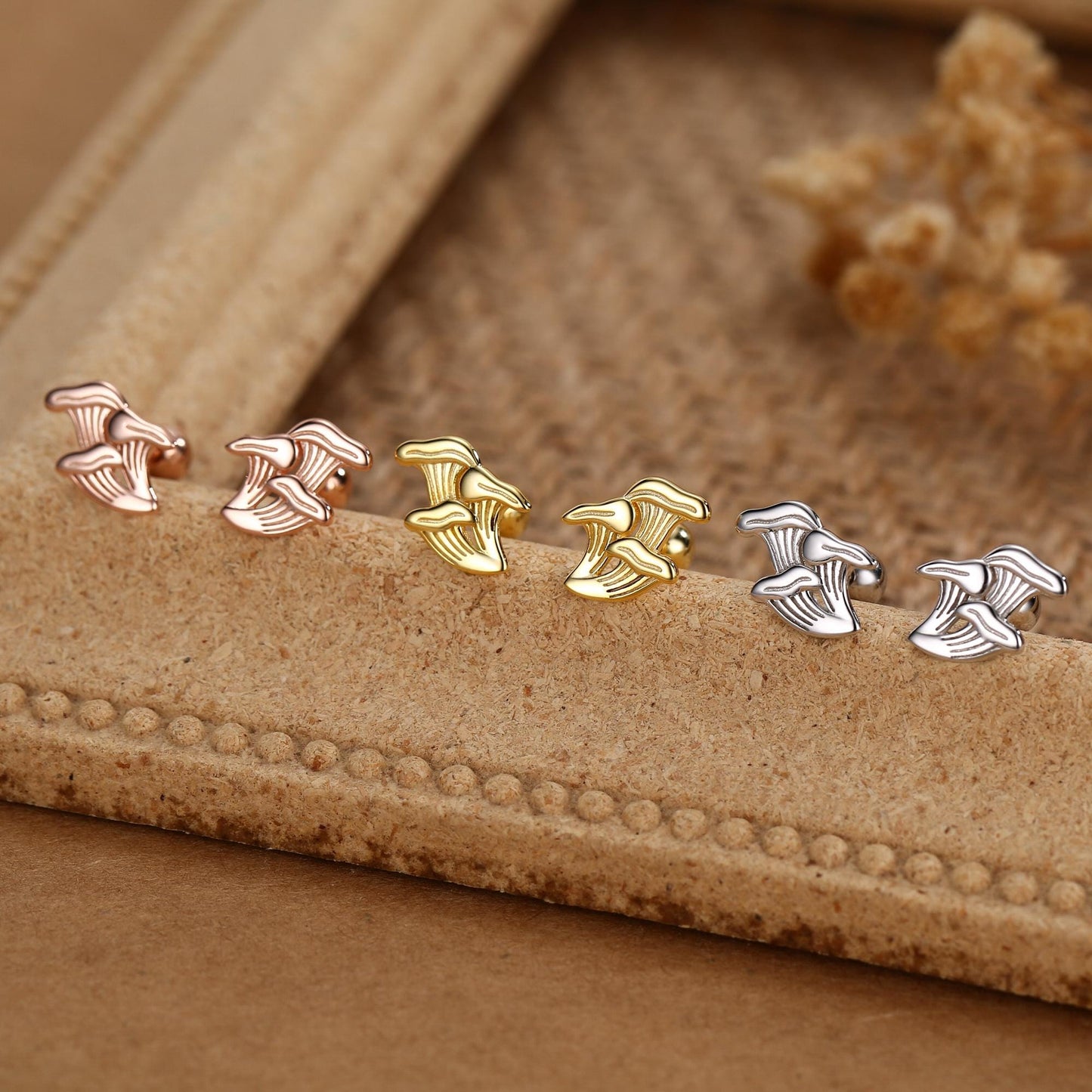 Sterling Silver Chanterelle Mushroom 18G Screw Back Stud Earrings with Ball Backs