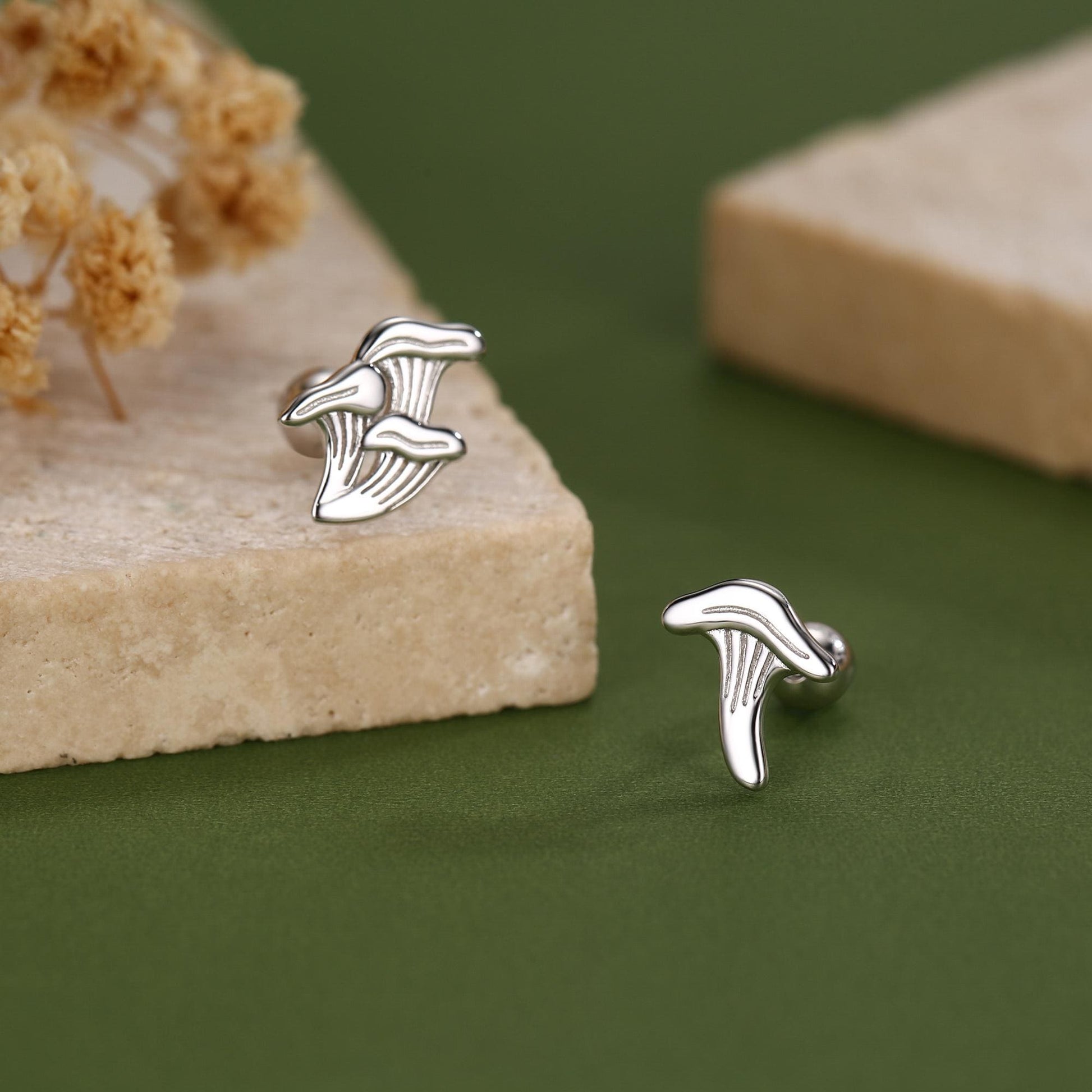 Sterling Silver Mismatched Chanterelle Mushroom 18G Screw Back Ball Stud Earrings with Ball Backs