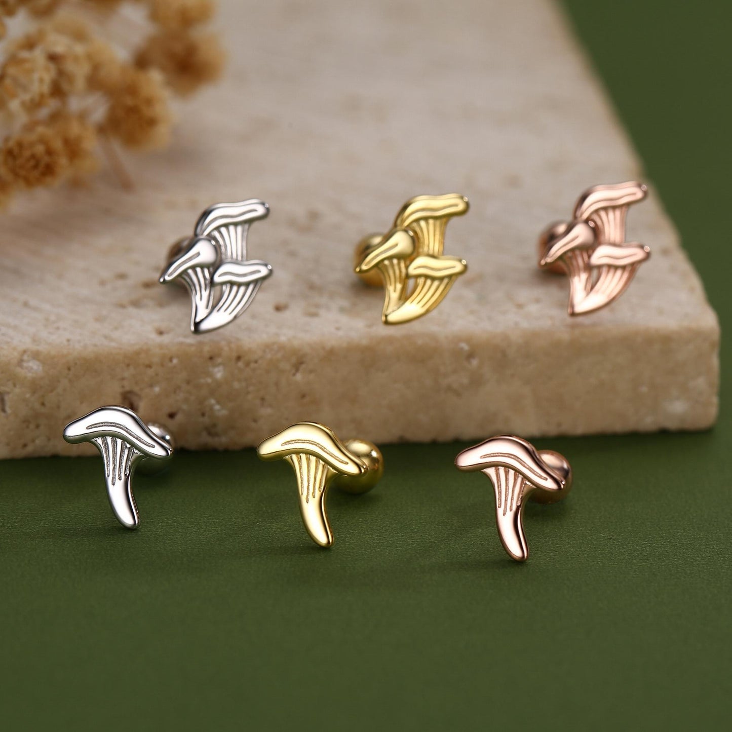 Sterling Silver Mismatched Chanterelle Mushroom 18G Screw Back Ball Stud Earrings with Ball Backs