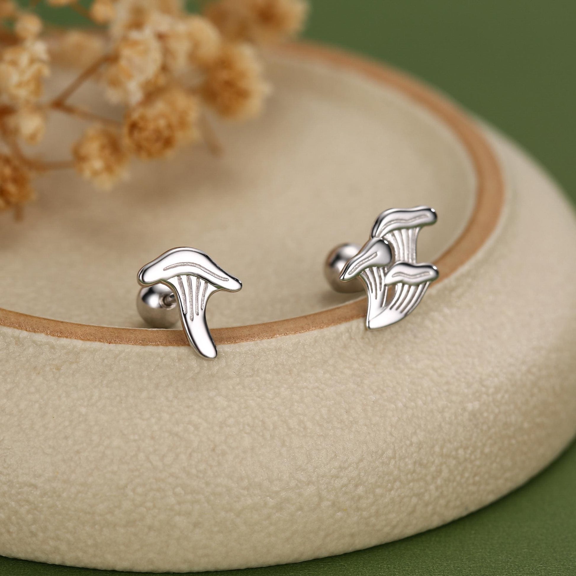 Sterling Silver Mismatched Chanterelle Mushroom 18G Screw Back Ball Stud Earrings with Ball Backs
