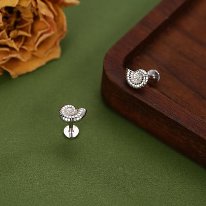 Sterling Silver Ammonite 16G Flat Back Labret Earrings