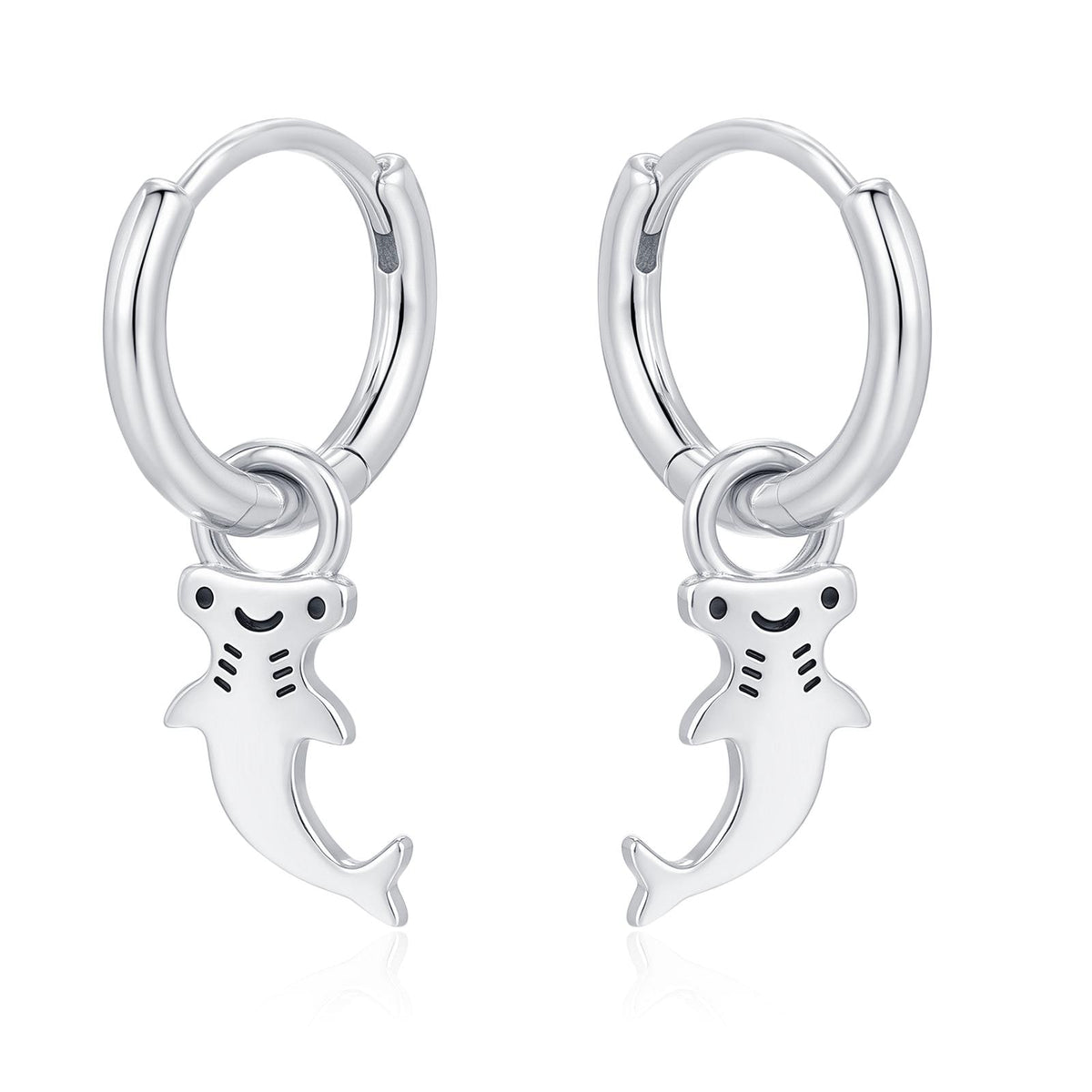 Sterling Silver Kawaii Shark Detachable Huggie Hoop Earrings