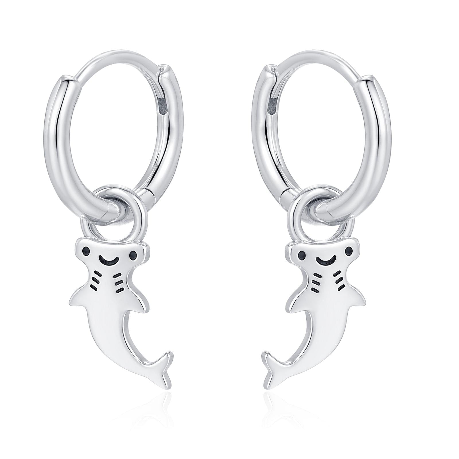 Sterling Silver Kawaii Shark Detachable Huggie Hoop Earrings