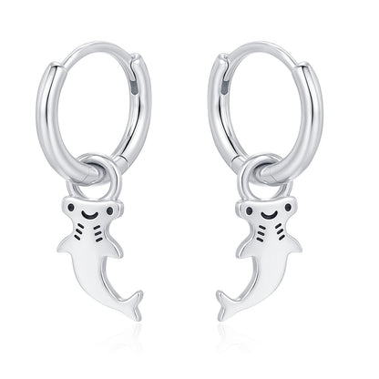 Sterling Silver Kawaii Shark Detachable Huggie Hoop Earrings