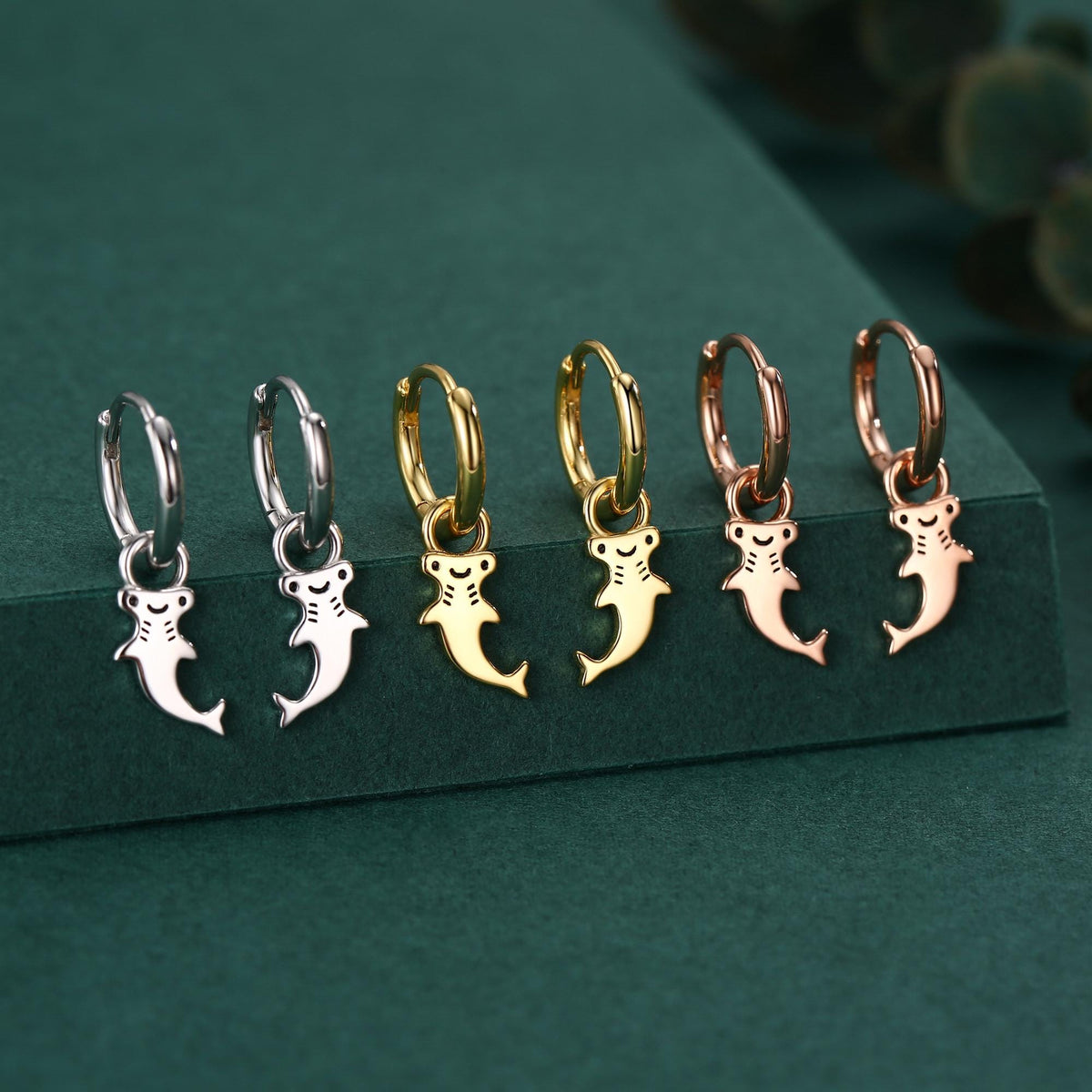 Sterling Silver Kawaii Shark Detachable Huggie Hoop Earrings