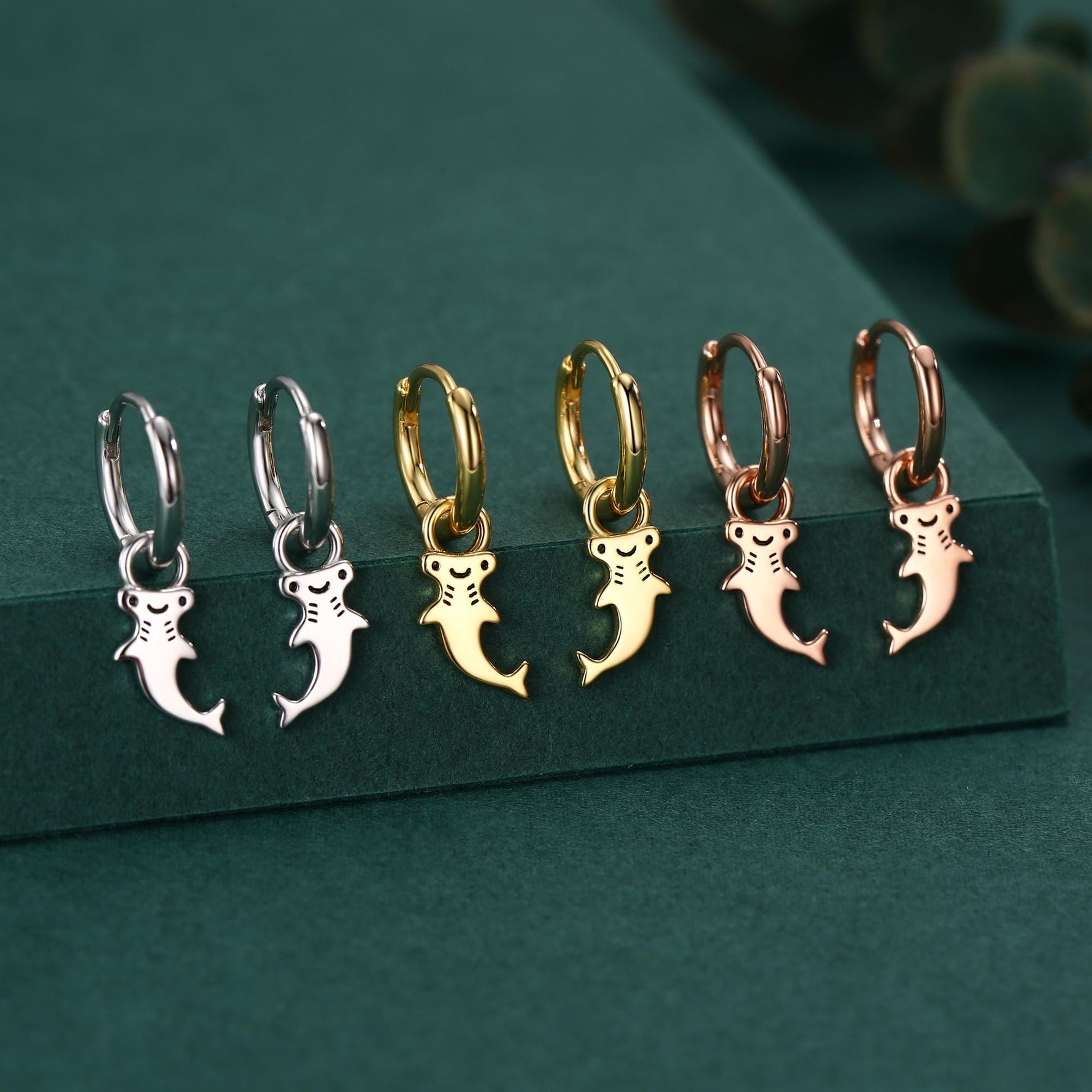 Sterling Silver Kawaii Shark Detachable Huggie Hoop Earrings